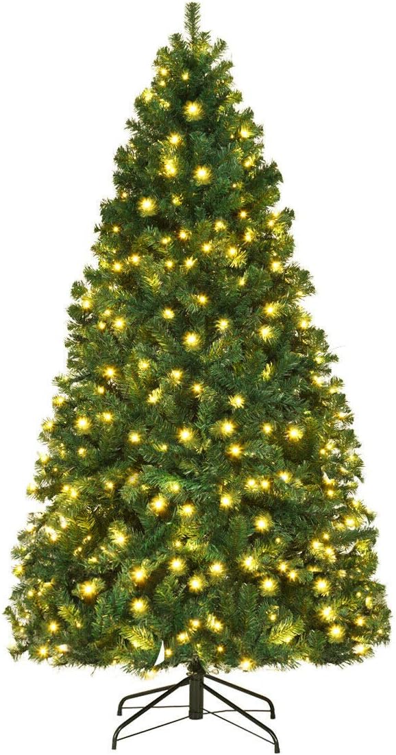 Goplus 7ft Pre-lit Artificial Christmas Tree, Hinged Premium Spruce Xmas Full Tree with 1096 PVC Tips, 300 LED Lights, Folding Metal Stand, for Home Office Party Decoration
