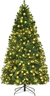 Goplus 7FT Pre-Lit Artificial Christmas Tree Premium Spruce Hinged Xmas Tree with 300 LED Lights & Metal Stand for Indoor Use