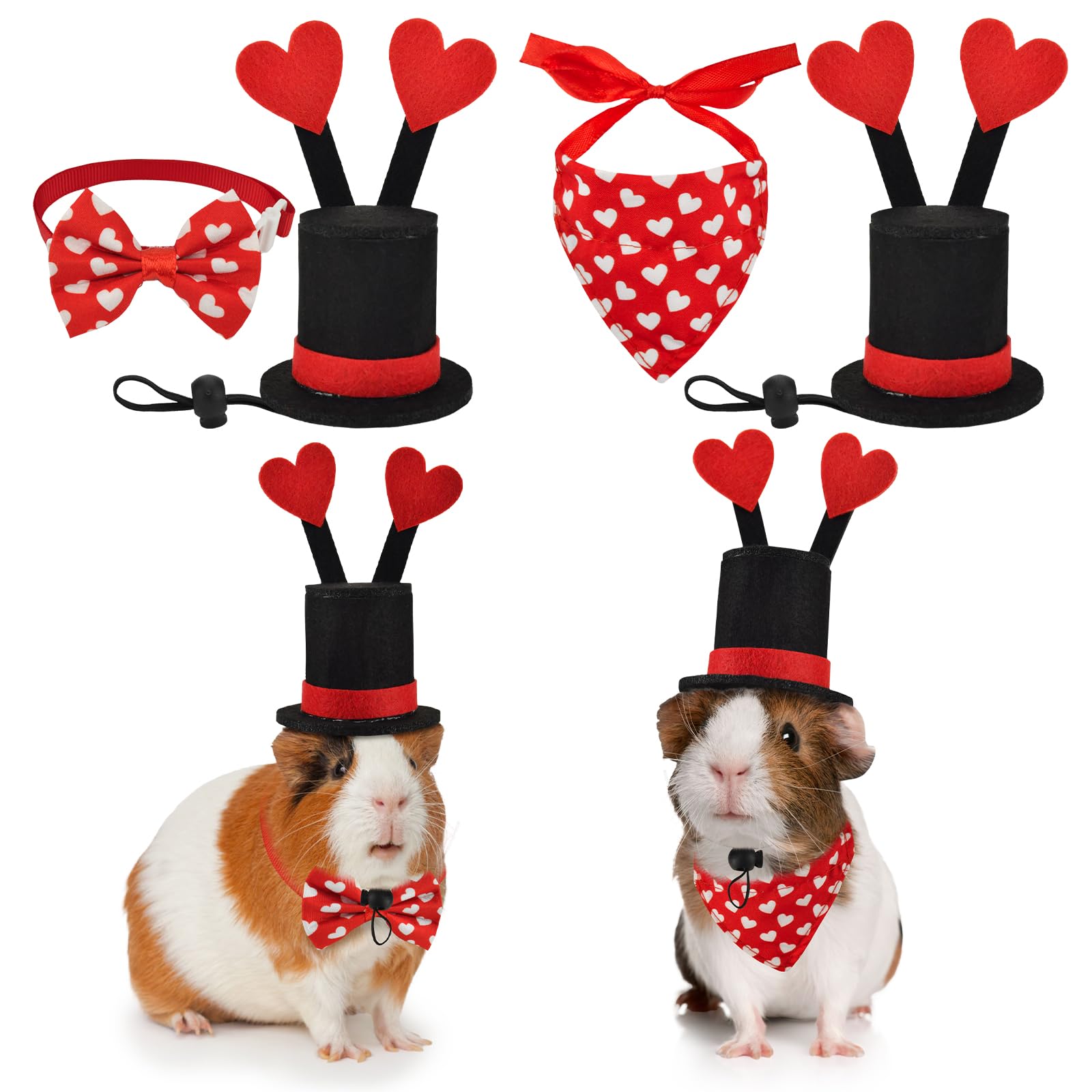 CooShou 4 Pack Valentine’s Day Small Animal Hats with Two Sweethearts Rabbit Red Heart Bow Tie Small Pet’s Bandana Valentine’s Day Costume for Bunny