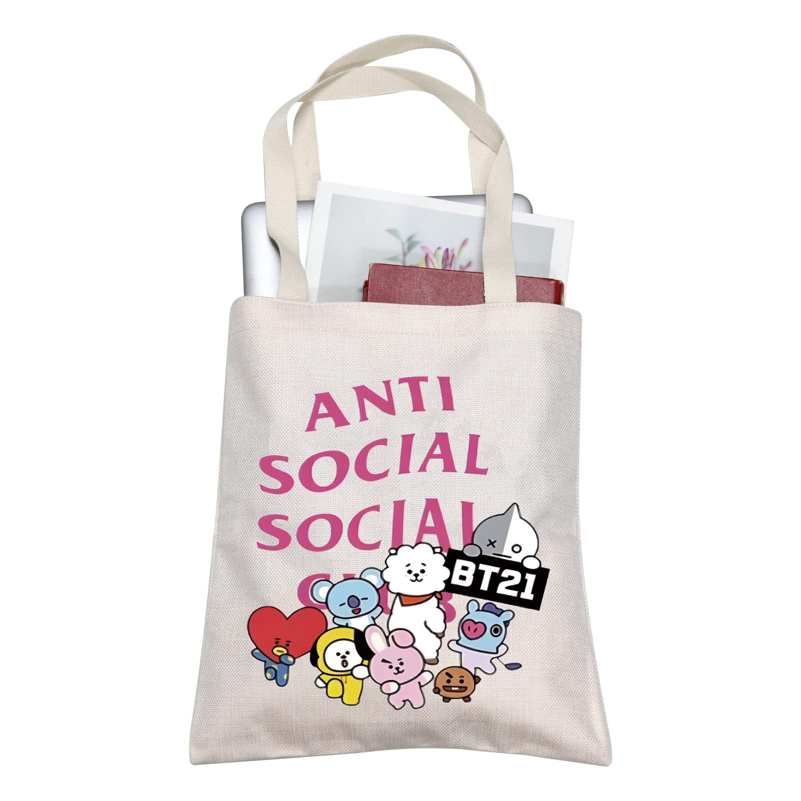 FOTAPK-pop Characters Tote Bag Singer Merch Anxiety Moms Tote Bag Introvert Gift BT21 Inspired Tote Singer Fan Gift K-pop Merchandise (Anti Social Tote .)