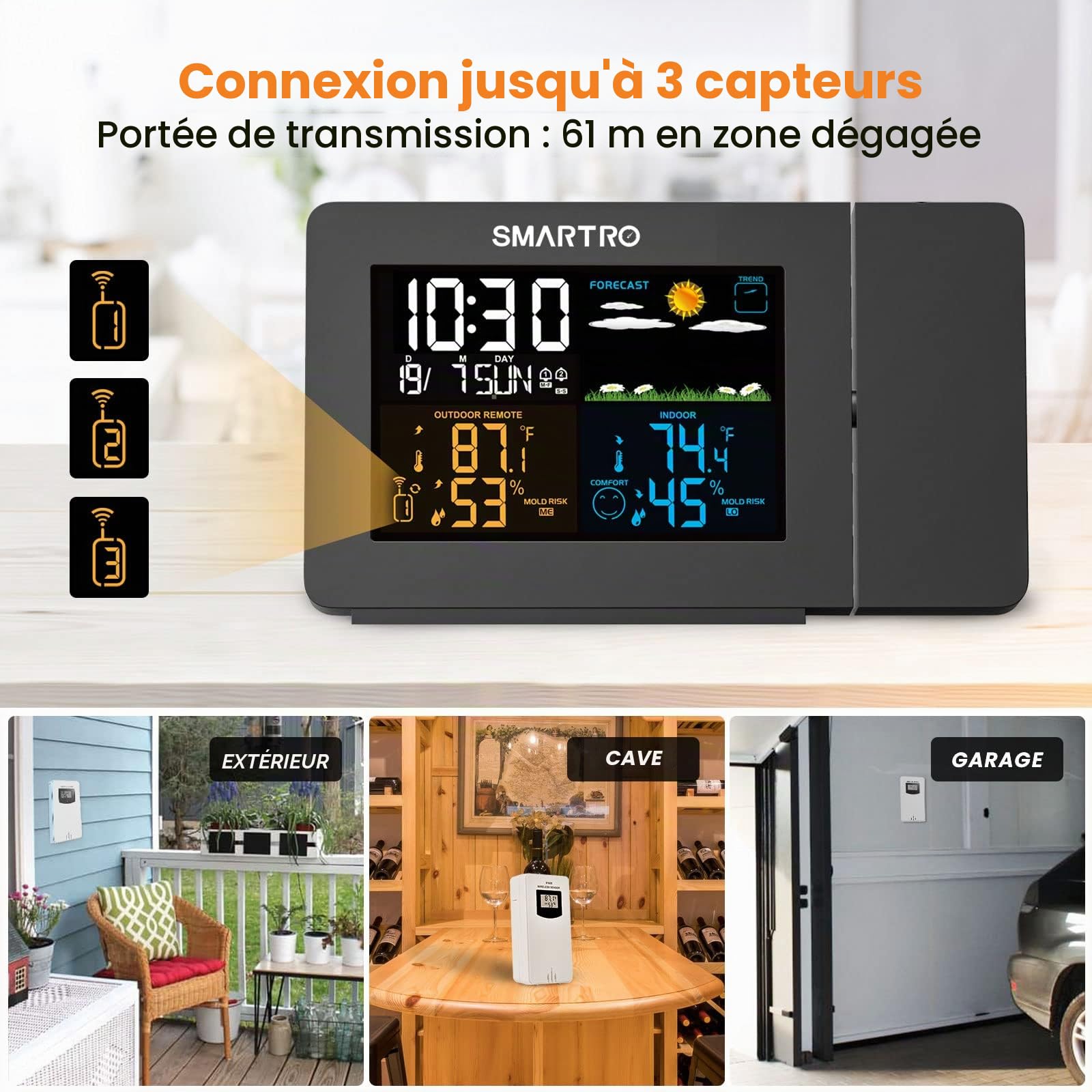 SMARTRO SC91 Réveil à Projection pour Chambre à Coucher avec Station Météo