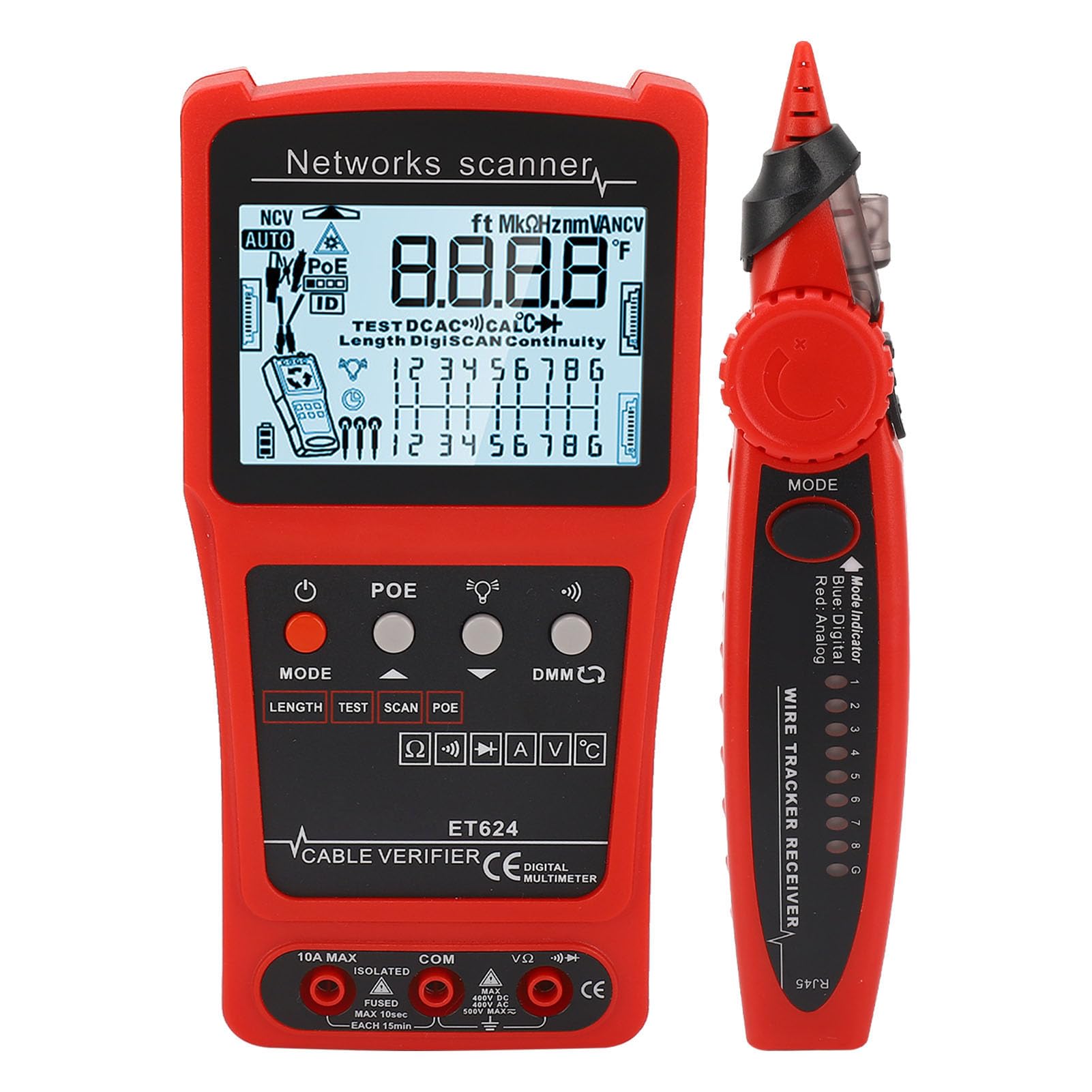 Yinhing Multifunktionaler Wire -Kabeltester mit POE-Prüfung, Digitaler Schaltkreisanalysator mit Eingebauter Batterie für CAT5- und CAT6-Ethernet-Kabel, Spannungsprüfung, Fehlerort und -länge