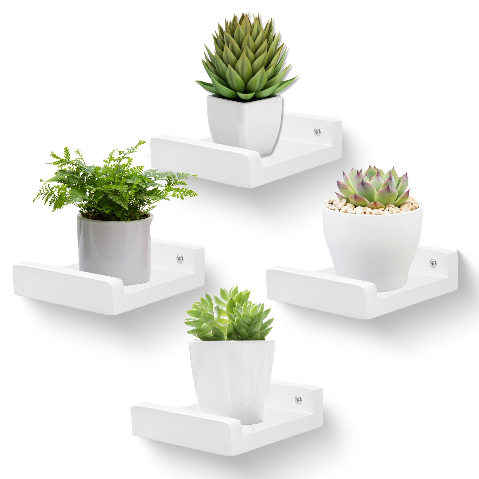 MIHORLIFE Solid Wood, 13cm Small Wall Picture Shelves Ledge, Rustic Wood Floating Shelf, Decorative Display Photo Racks For Living Room, Kitchen, Bedroom, Kitchen, Books, Set of 4, Rustic White