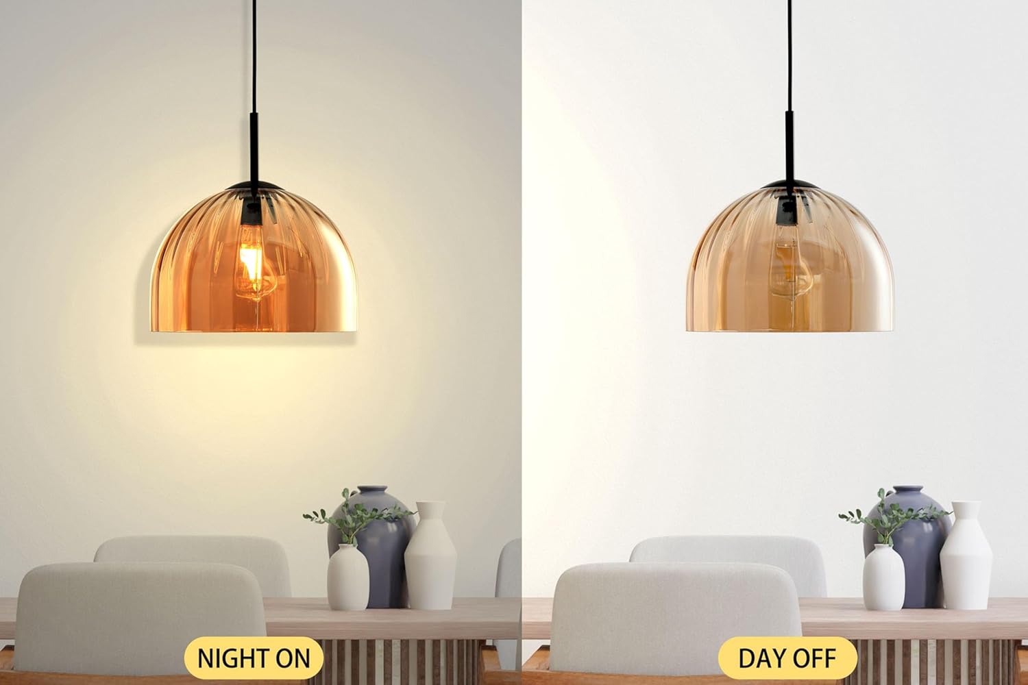 Modern Dome Pendant Lighting Fixture Kitchen Island, 11.8 Inch Large Boho Chandelier, Rustic Farmhouse Industrial Hanging Lamp Ceiling Lights with Amber Glass Bell Lampshade