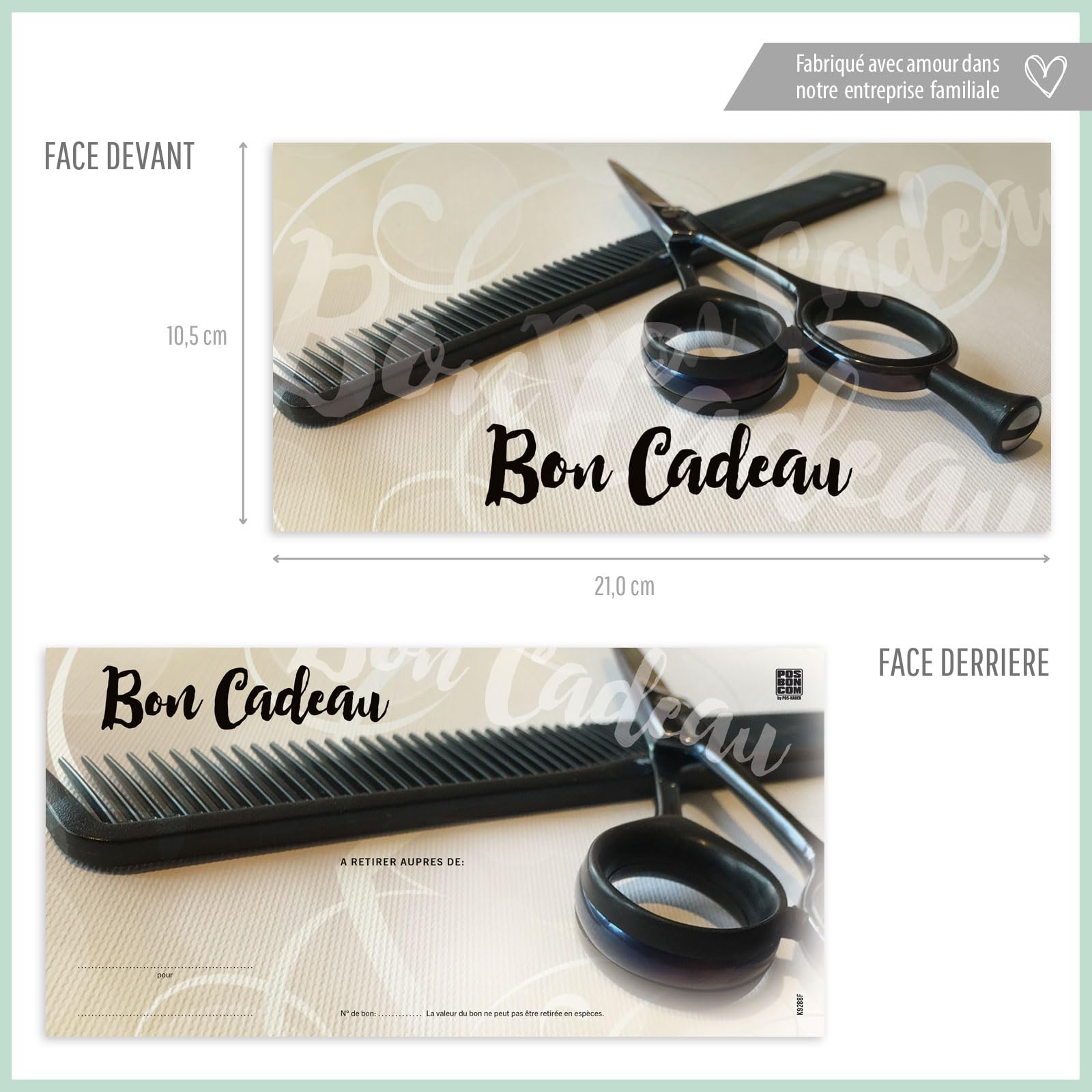 POS BON. 100 formulaires pour créer vos propres bons cadeaux + enveloppe + nœuds ruban, pour des salons de coiffure. K9288F2-100-V2