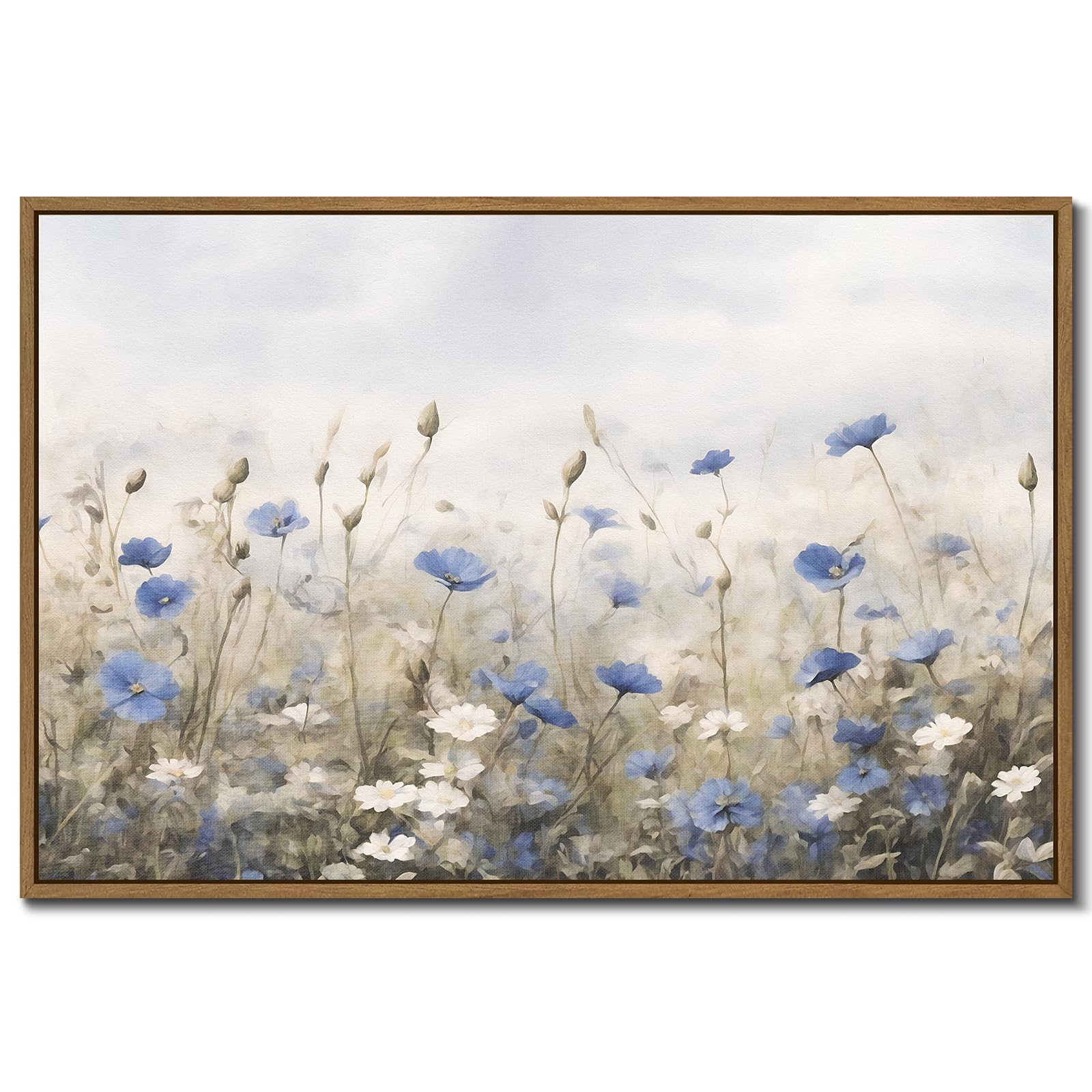 vintage floral wall art blue white flower canvas art prints wildflower pictures wall decor nature landscape oil painting framed botanical artwork for girls room bedroom farmhouse decoration, 24''x36''