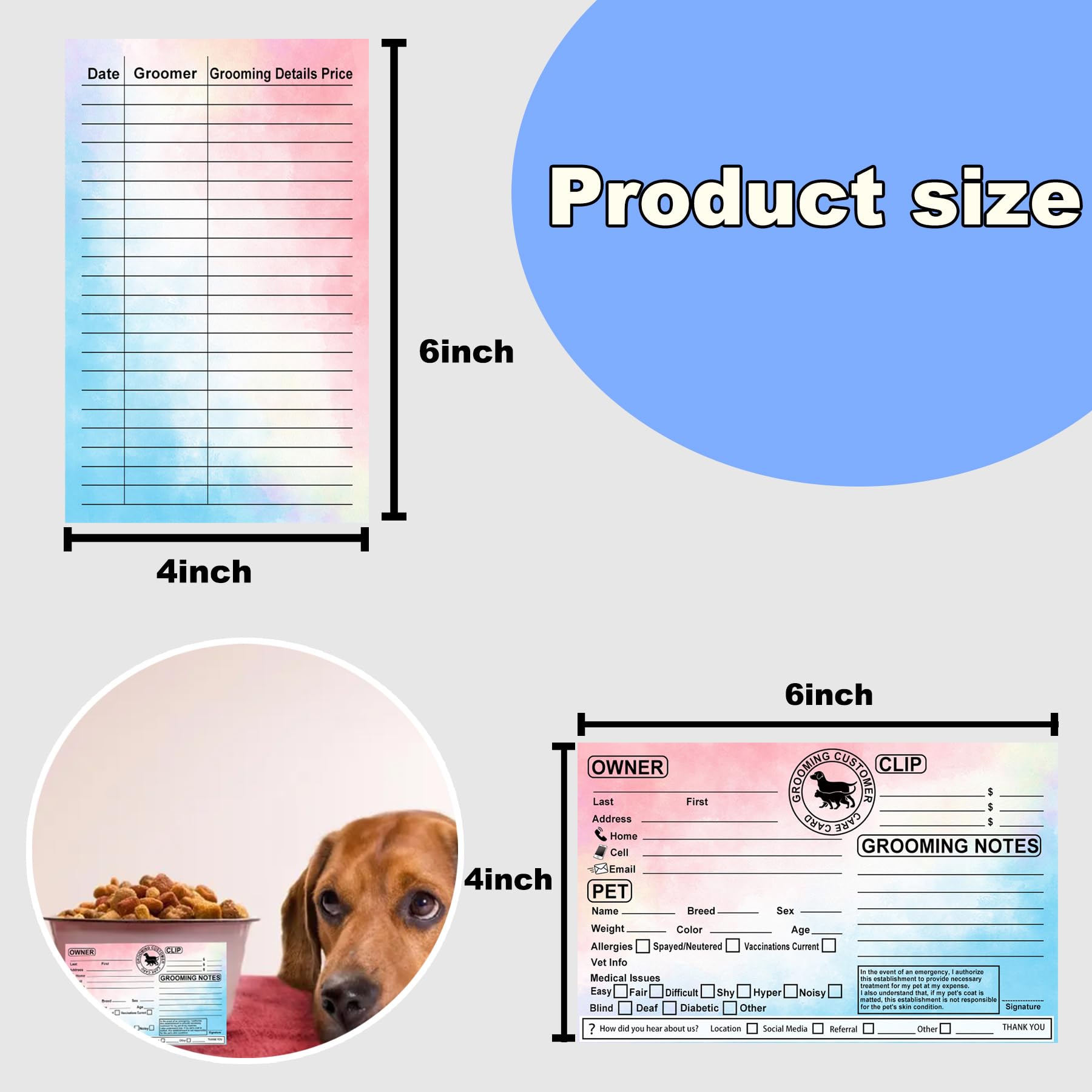 Cat Dog Pet Grooming Information Cards 8x5 inch Groomer Client Profile Service Record Clip Card Business Data Client Page Cards for Professional Pet Groomers, Kennel Care 50 Pack (Pink)