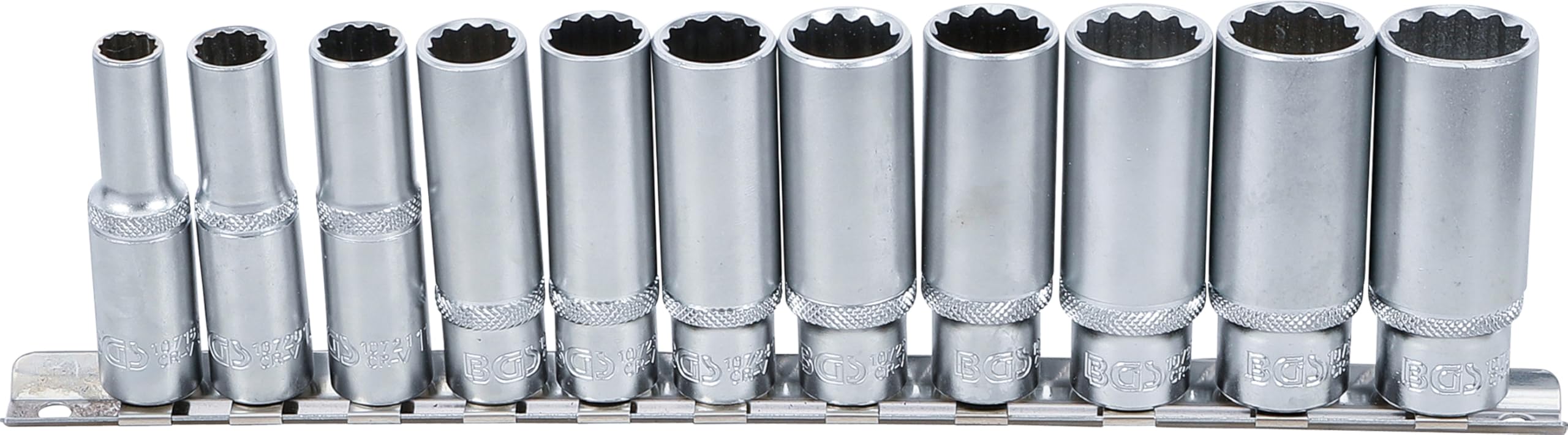 BGS 5252 | Juego de llaves de vaso 12 caras, largas | entrada 10 mm (3/8") | 8 - 19 mm | 11 piezas