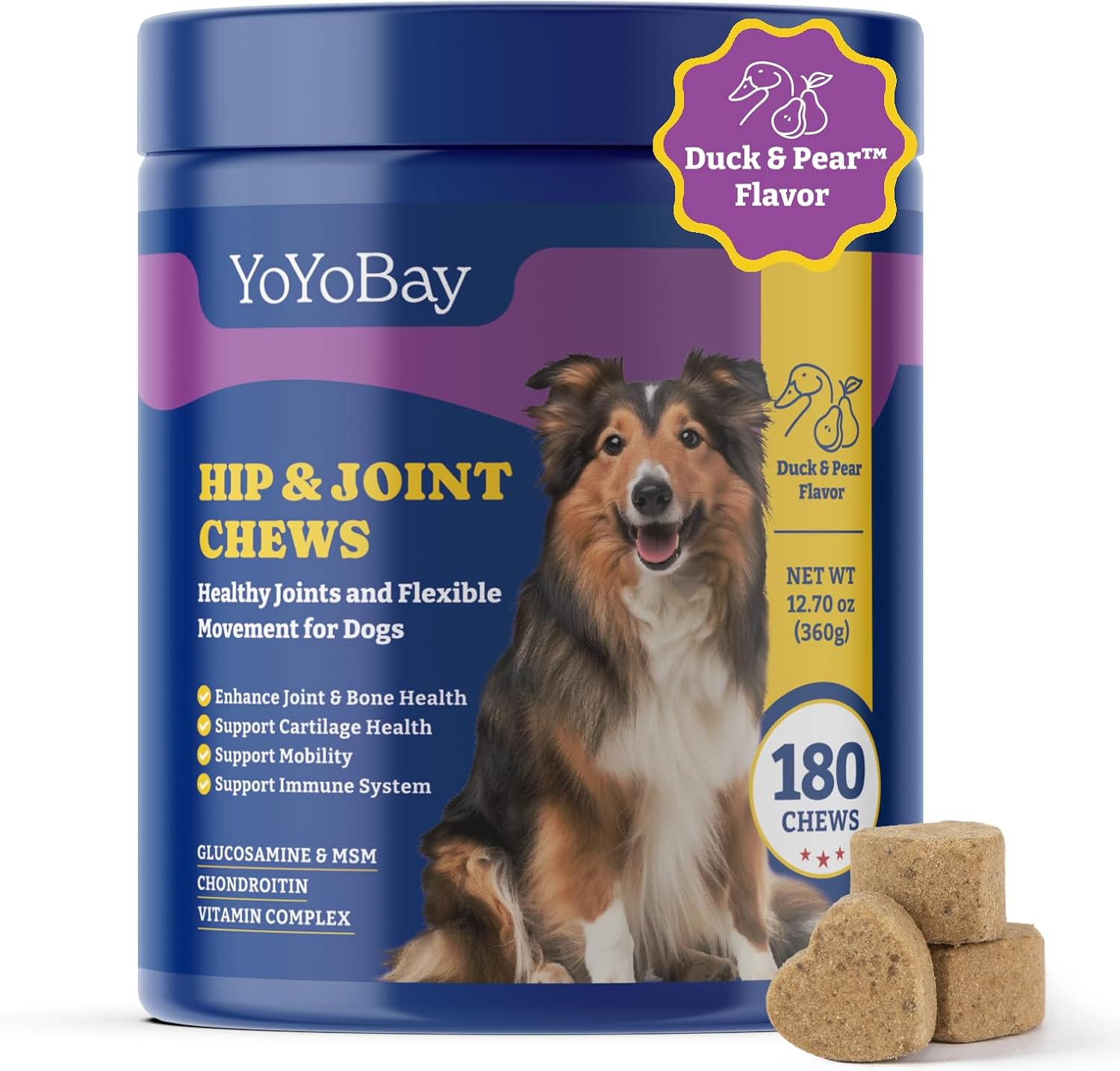 Joint Supplement for Dogs – Glucosamine for Dogs, with Chondroitin, MSM – Dog Pain Relief Anti-Inflammatory, Support Hip & Joint Health, Mobility – 180 Soft Chews, Duck & Pear Flavor
