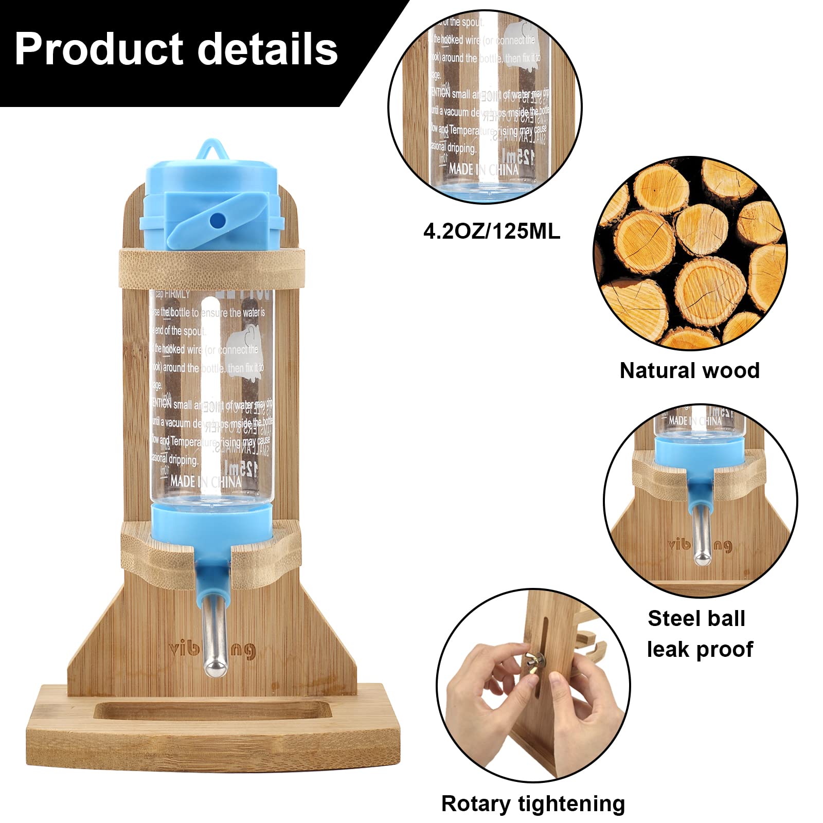 Vibbang Bebedero Hamster, Bebedero Conejo, Dispensador de Agua para Beber Roedores, con Soporte de Madera Ajustable, de Agua Alimentador Cristal para Cobayas Hurones Conejos Pequeños Animales(125 ML)