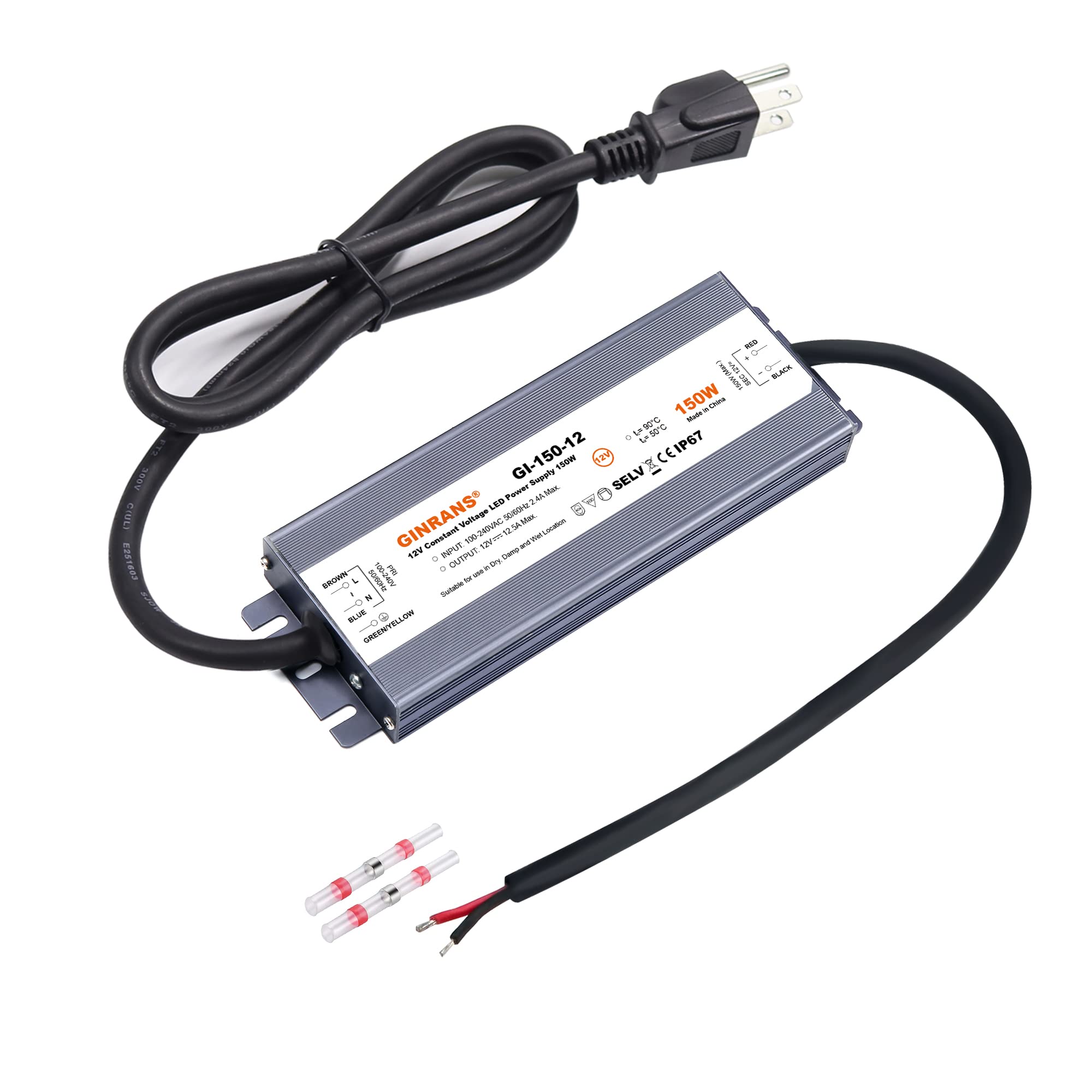 Transformateur d'alimentation LED à tension constante étanche IP67 150 W 100-240 V CA entrée universelle avec fiche sortie 12 V CC 12,5 A max. pour éclairage extérieur LED