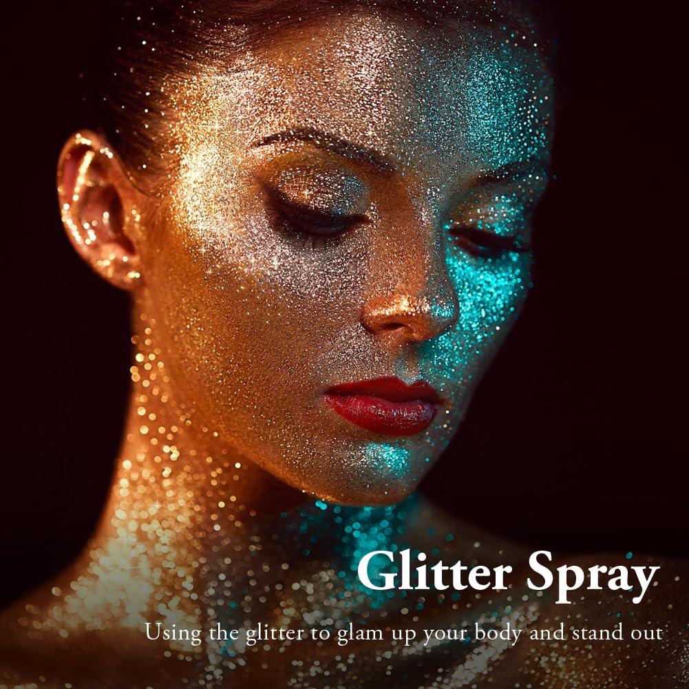 AOOWU Brokat w sprayu, brokat do ciała i włosów z 1 wkładem, brokatowy spray do makijażu w proszku, ultracienki brokat w proszku na Halloween, klub, imprezy, 17 g (kolorowy laser)