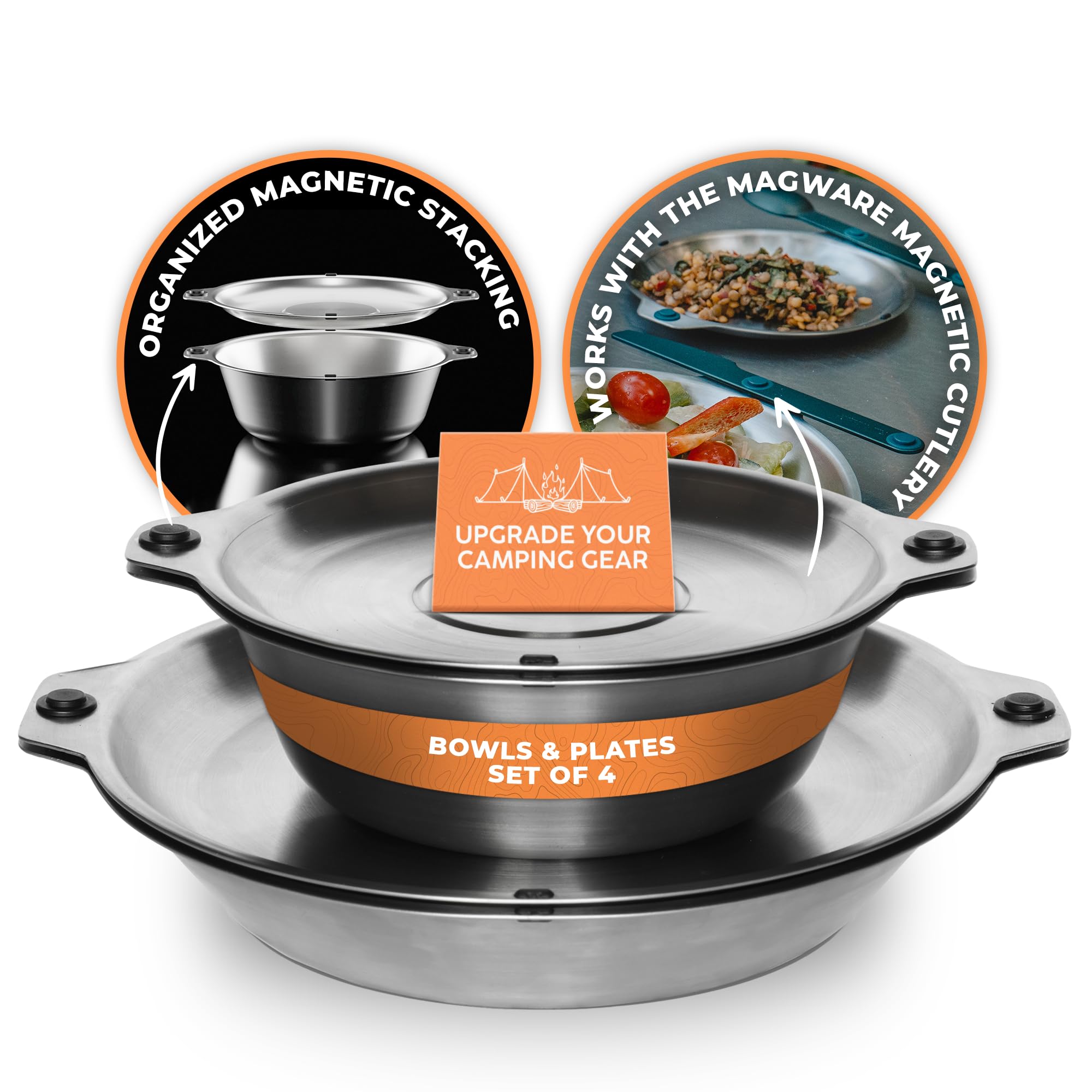 Full Windsor MAGWARE Magnetic Bowls and Plates Set - Stainless Steel Travel Dinnerware for Camping, Backpacking, Picnics, and Outdoor Dining - Portable and Reusable Camping Mess Kit