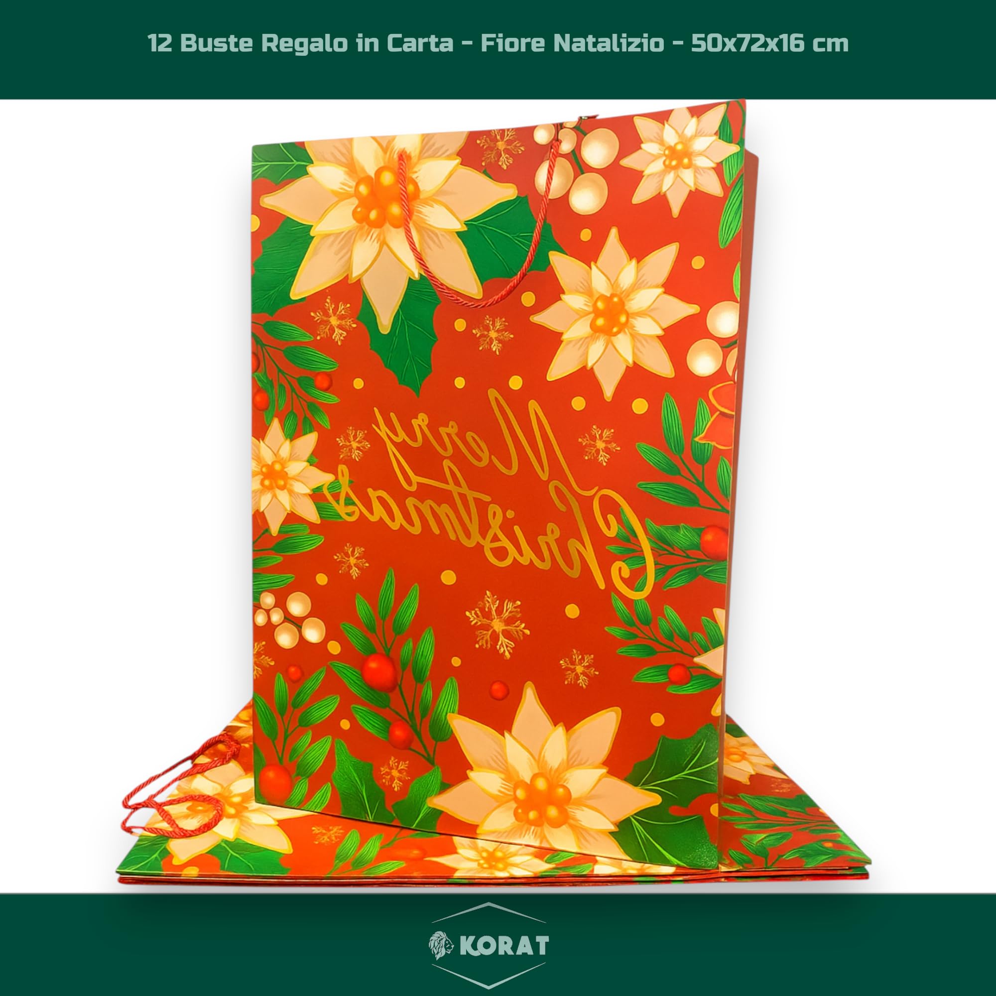 KORAT 12 Buste Regalo Natalizie Carta Plastificata Lucida Vari Formati Sacchetti Regalo Natale Riutilizzabili Manici in Corda per Regali e Bottiglie (Fiore Natalizio - 50x72x16 cm)