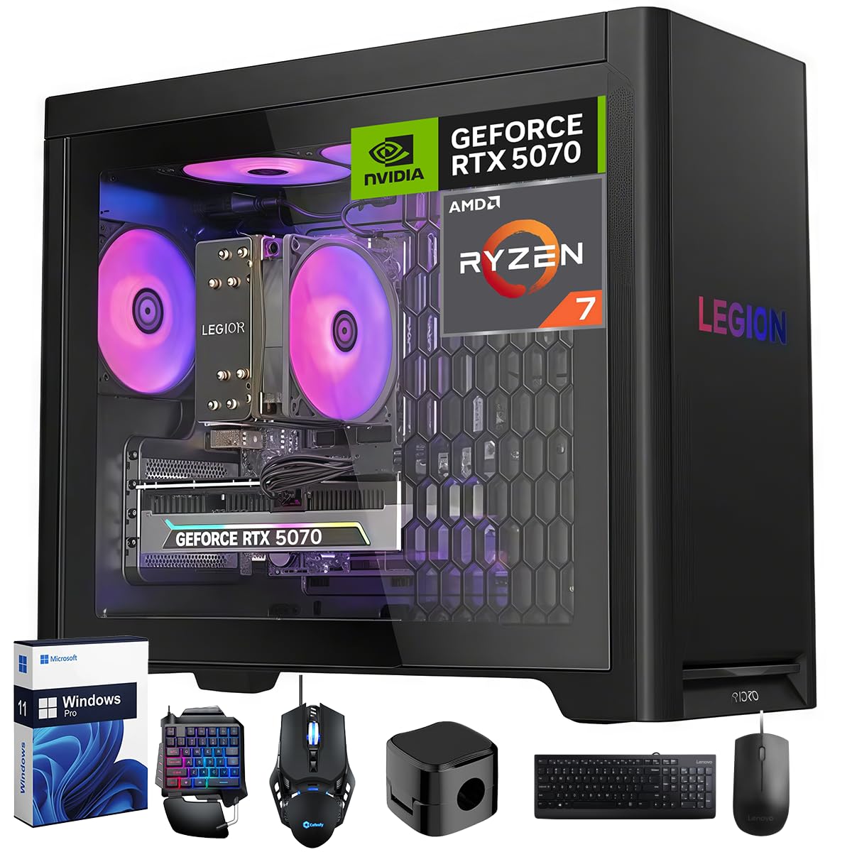 Lenovo Legion Tower 5 Gaming Desktop, AMD Ryzen 7 7800X3D (Up to 5 GHz), NVIDIA GeForce RTX 5070 12GB GDDR7, 64GB DDR5 5600MT/s, 8TB SSD, 2TB HDD,