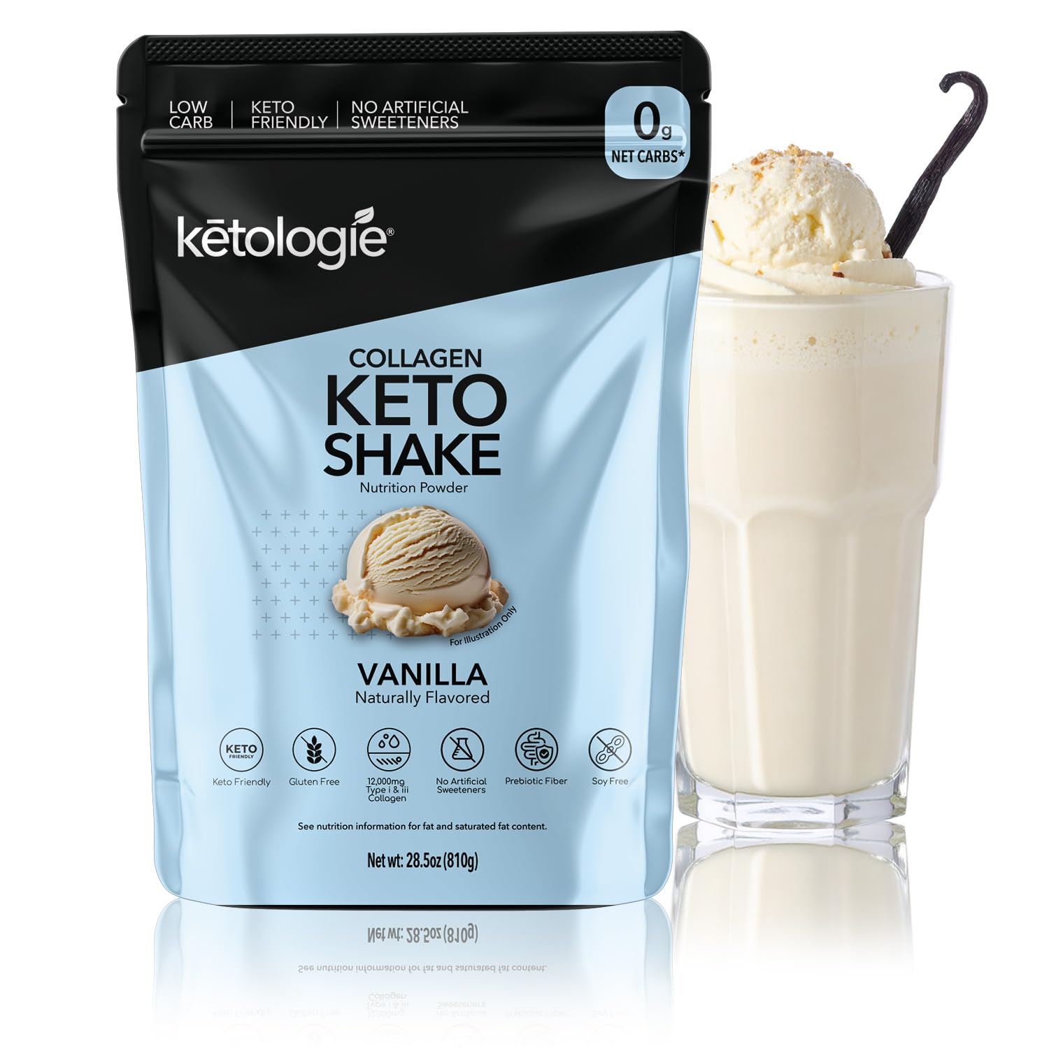 Ketologie Keto Collagen Shake (Vanilla) - with Coconut Oil, Prebiotics, Grass Fed Hydrolyzed Collagen Peptides Type I & III, Low Carb, Gluten Free,1.78lbs.