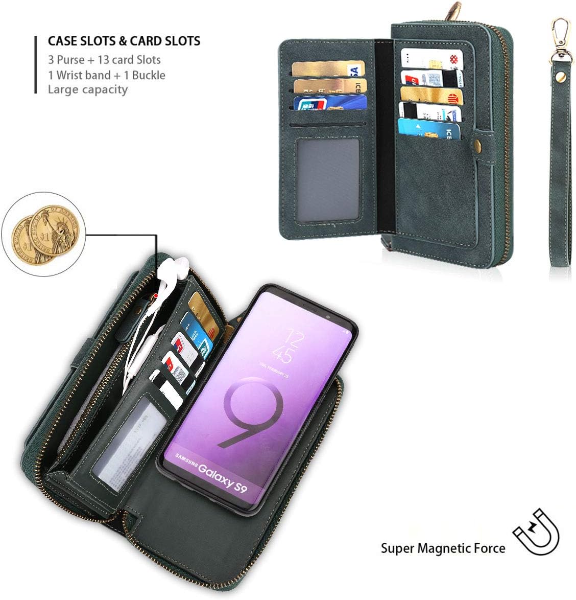 Petocase Compatible Samsung Galaxy S9 Wallet Case, Multi-Functional PU Leather Zipper Wristlets Clutch Detachable Magnetic 13 Card Slots & 4 Cash Pocket Protection Back Cover for Galaxy S9 - Green
