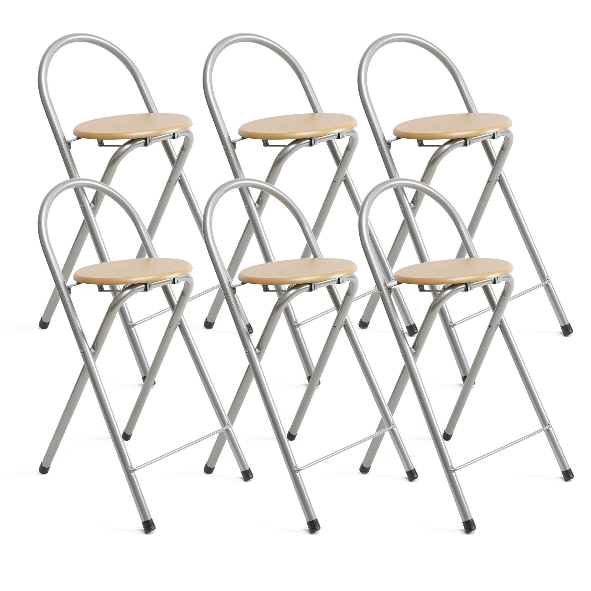 THE SECRET HOME - Pack of 6 Folding Kitchen Stools – Metal and Wood Folding Seat – Stool Suitable for Indoor and Outdoor (H: 80 cm x L: 40 cm – Natural Wood/Silver)