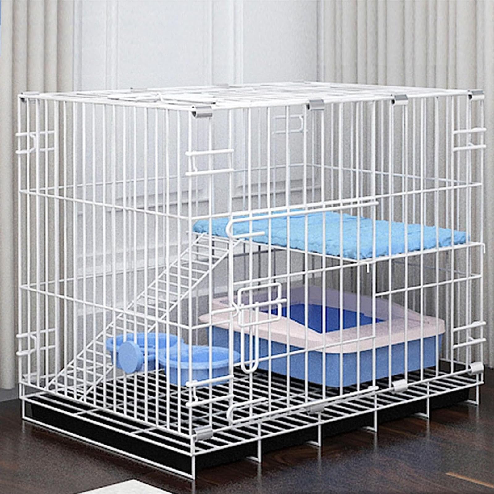 Gabbia per Gatti da Interno, Gabbia per Piccoli Animali in Metallo A 2 Livelli, Cuccia per Gattini con 1 Porta, 1 Scaletta, Vassoio di Base in Plastica Rimovibile Non Masticabile,Bianca,60