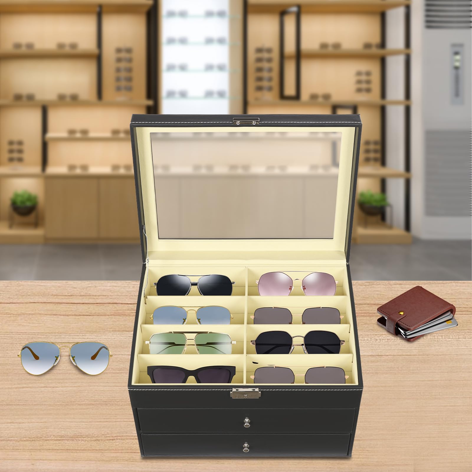 Caja de almacenamiento para gafas, 24 compartimentos, con tapa de cristal transparente, piel sintética, con 3 cajones, para guardar varias gafas, joyas y relojes