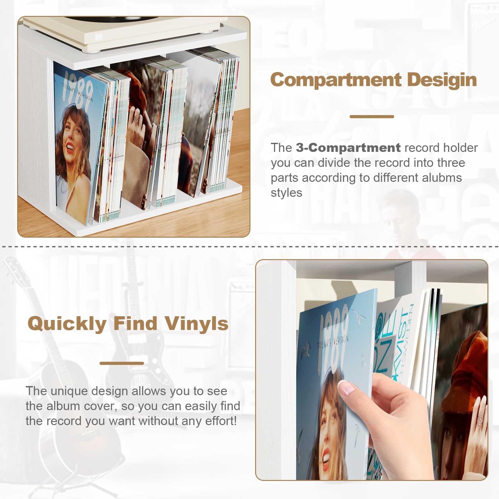 Aufbewahrungsständer für Vinyl-Plattendreher, mit Vinylablage, Wandregal für bis zu 100 Alben, 3 Fächer, Vinyl-Schrank, für Wohnzimmer, Büro, Dekoration (Vintage weiß)