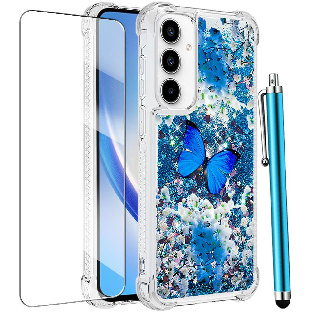 CAIYUNLfor Samsung Galaxy A35 5G Case with Screen Protector, Glitter Bling Liquid Floating Cute Phone Case Women Girls Soft TPU Slim Silicone Shockproof Protective Cover -Blue Butterfly