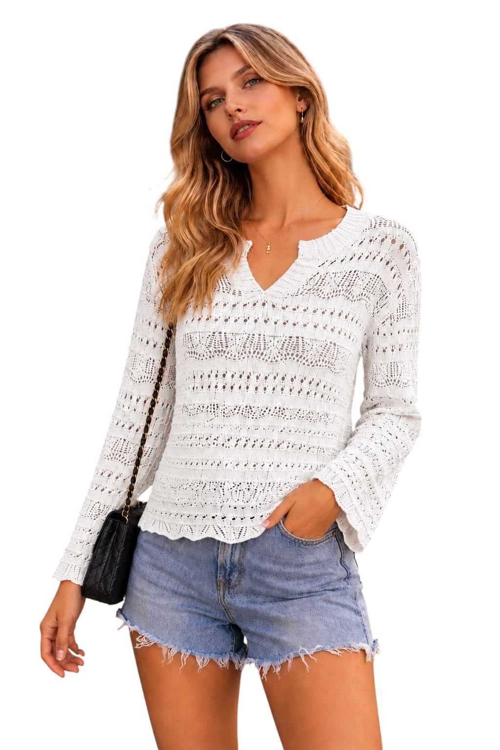 CRAMPLE®Women's Crochet Crop Top, Long Sleeve, V-Neck, Scalloped Hem, Lightweight Knit Top-picture-40