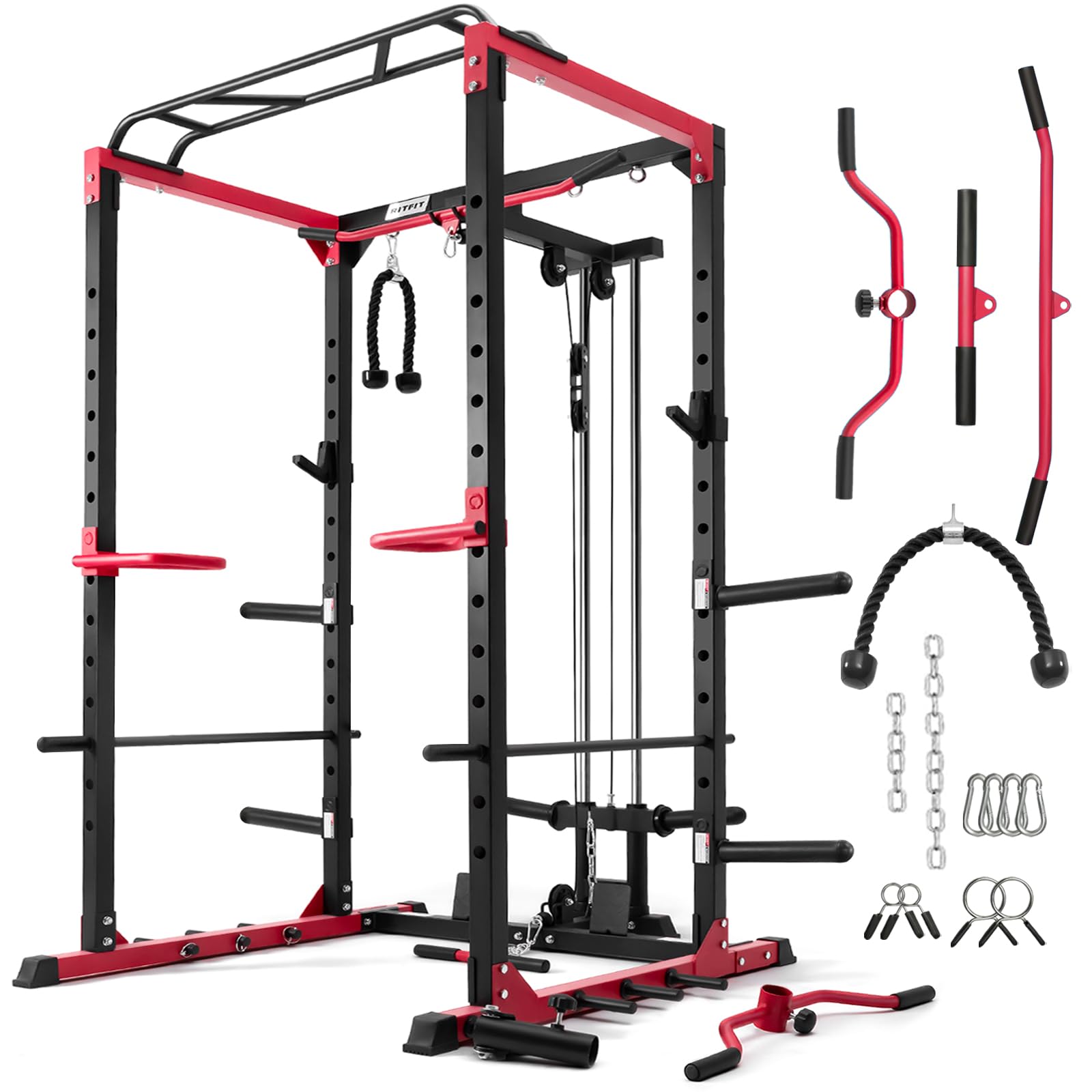 RitFit All-in-One Squat Rack for Home Gym, PPC02C Multi-Function 1000 LBS Capacity Power Cage with LAT Pulldown, Pulley System, Dip Bar, Landmine & More Power Rack Attachments, Package