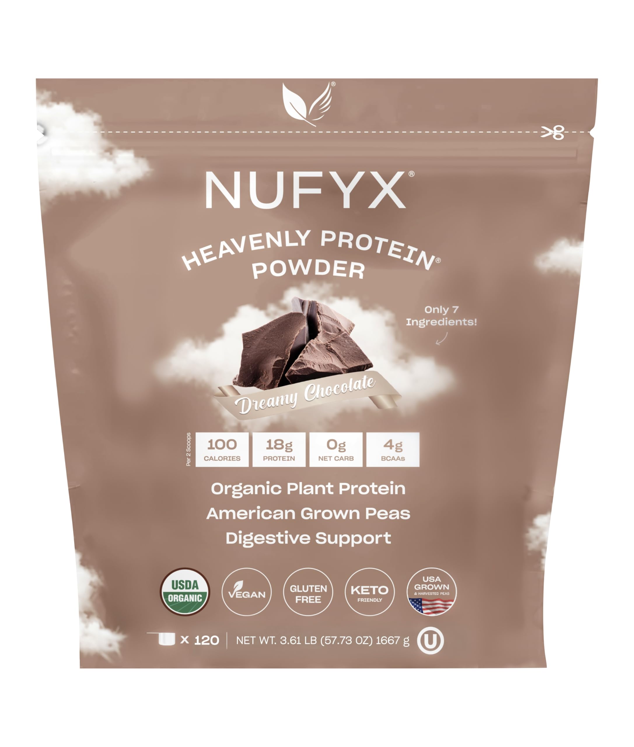 NUFYX® • Heavenly Protein® Powder • World’s Finest 100% Organic American Grown Peas • Vegan • Gluten Free • Low Carb (Dreamy Chocolate, 120 Scoops)…USDA Organic