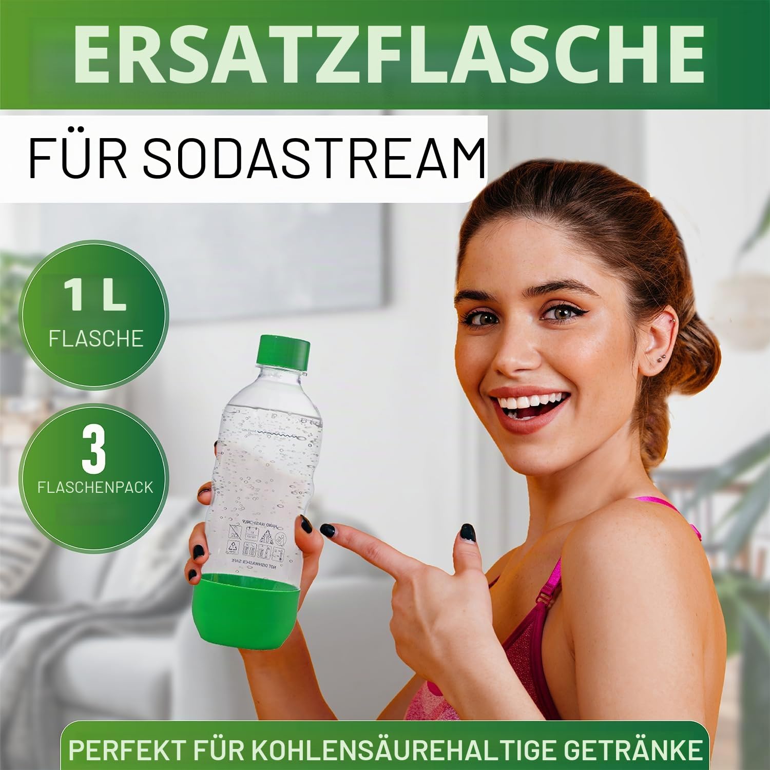 Ersatz-Sprudelwasserflaschen für SodaStream, 1 Liter, BPA-frei und auslaufsicher (kompatibel mit Fizzi, One Touch, Jet, Source, Play, Genesis, Power-Modellen), 3 Stück (grün)