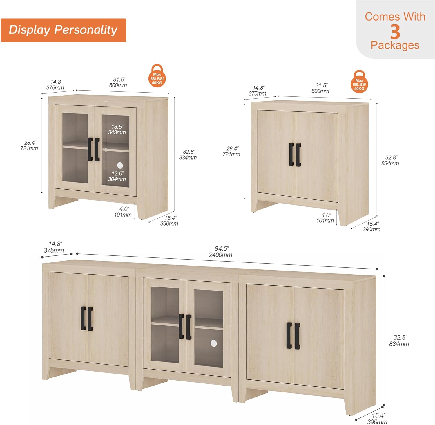 WAMPAT Farmhouse TV Stand for TVs up to 85 Inch, 3-Piece Modular Entertainment Center with Glass and Wood Doors, Media Console for Living Room, Bedroom, Home Theater, Beige
