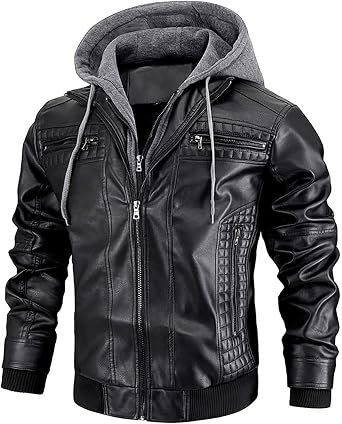 Leather Jacket Men's Warm Faux Leather Jacket with Hood Vintage Bomber Jacket Autumn Winter Thick Transition Jacket Windproof Biker Jacket Outdoor Motorcycle Jacket with Zip