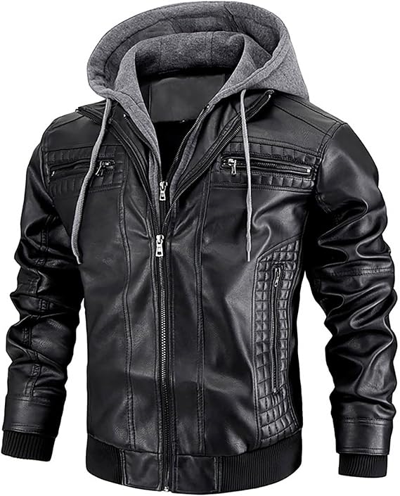 Leather Jacket Men's Warm Faux Leather Jacket with Hood Vintage Bomber Jacket Autumn Winter Thick Transition Jacket Windproof Biker Jacket Outdoor Motorcycle Jacket with Zip