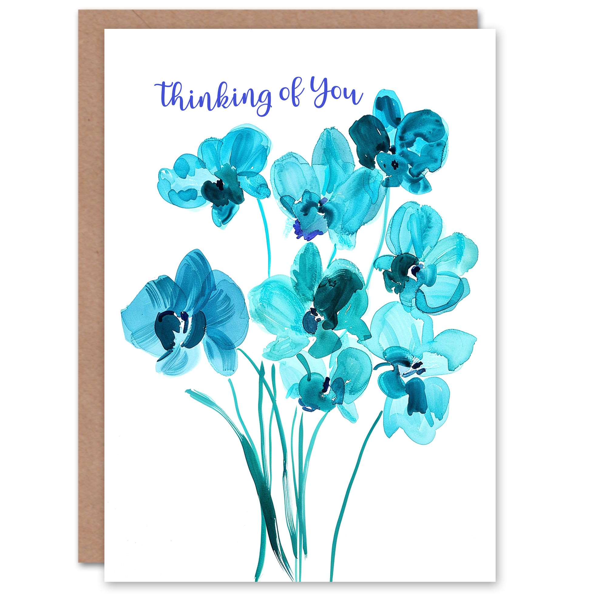 Artery8 Thinking Of You Orchid Flowers Blue Watercolour Blank For Him Or Her Art Sympathy Card