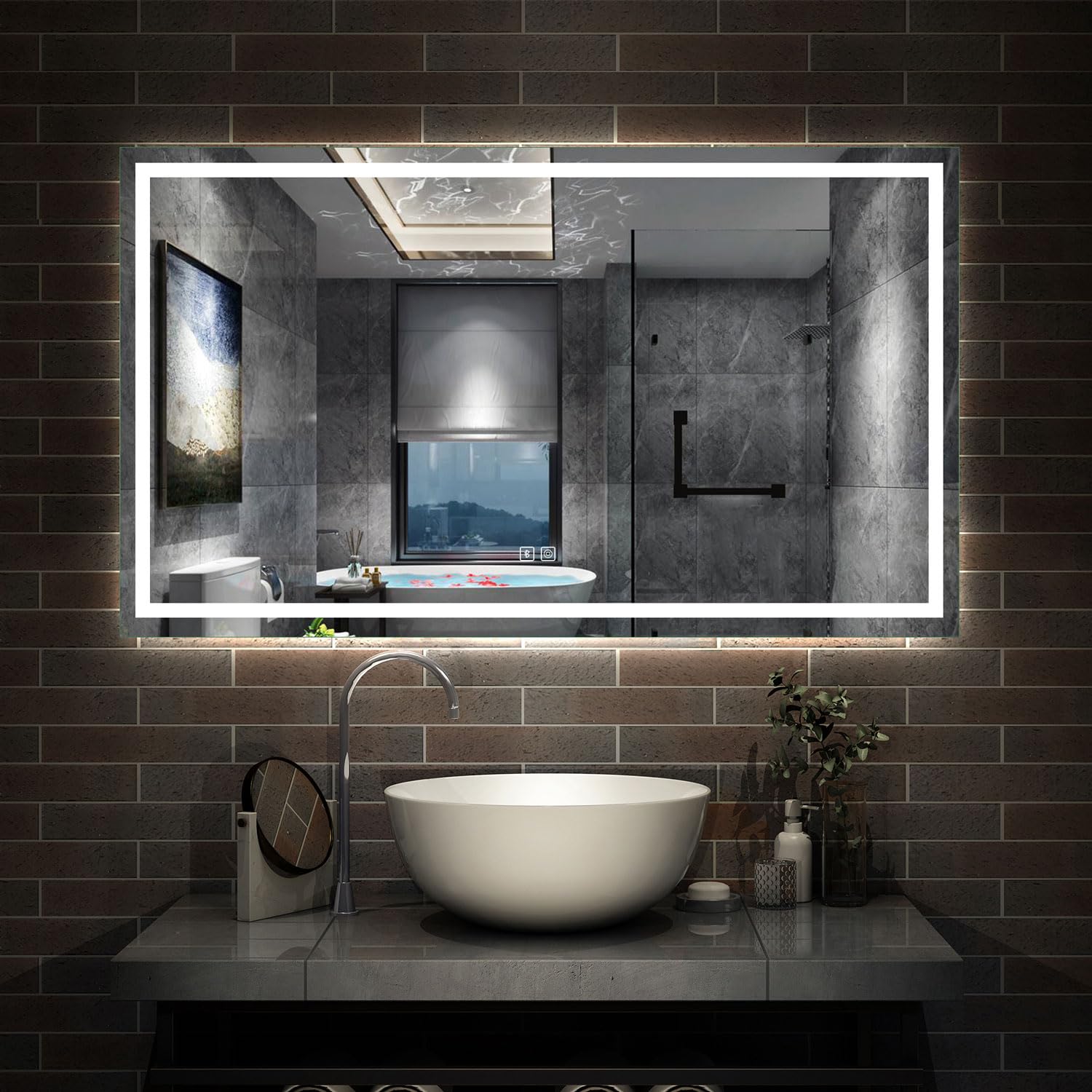Bluetooth LED Bathroom Mirror with Shaver Socket, 3 Colours Lights Dimmable, 1200x800 mm Illuminated Bathroom Vanity Mirror, Demister, Wall Switch Touch Switch Smart Mirrors Horizontal Vertical — image 1