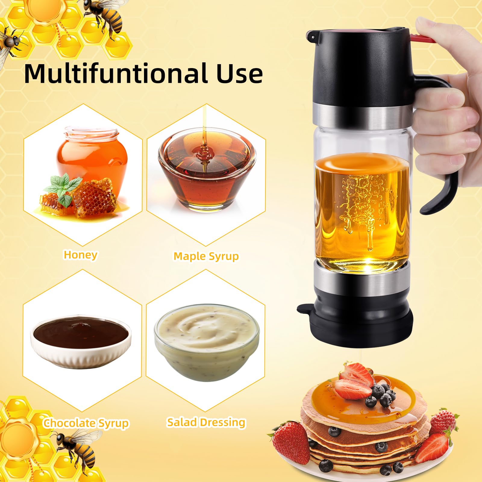 Dispenser Di Miele In Vetro 300 Ml: Antigoccia Dosatore Miele Con Manico - Ideale Per Mieles E Sciroppo, Salsa Di Soia, Altri Liquidi, Accessori Da Cucina