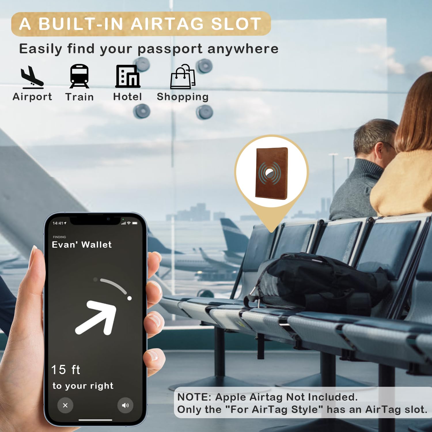 Airtag - Custodia per passaporto, per donne e uomini, in vera pelle, fatta a mano, con slot per Airtag, accessori essenziali da viaggio, regalo di compleanno (cavallo pazzo, viola), Viola, Per Airtag
