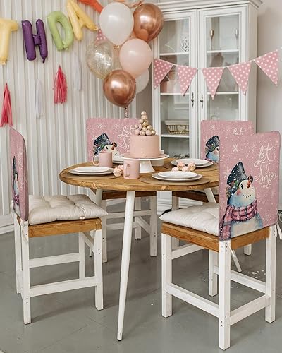 Miniatura 3 de Paquete de 4 fundas de respaldo de silla de Navidad con muñeco de nieve rosa para sillas de comedor, lavables y extraíbles, protector de silla