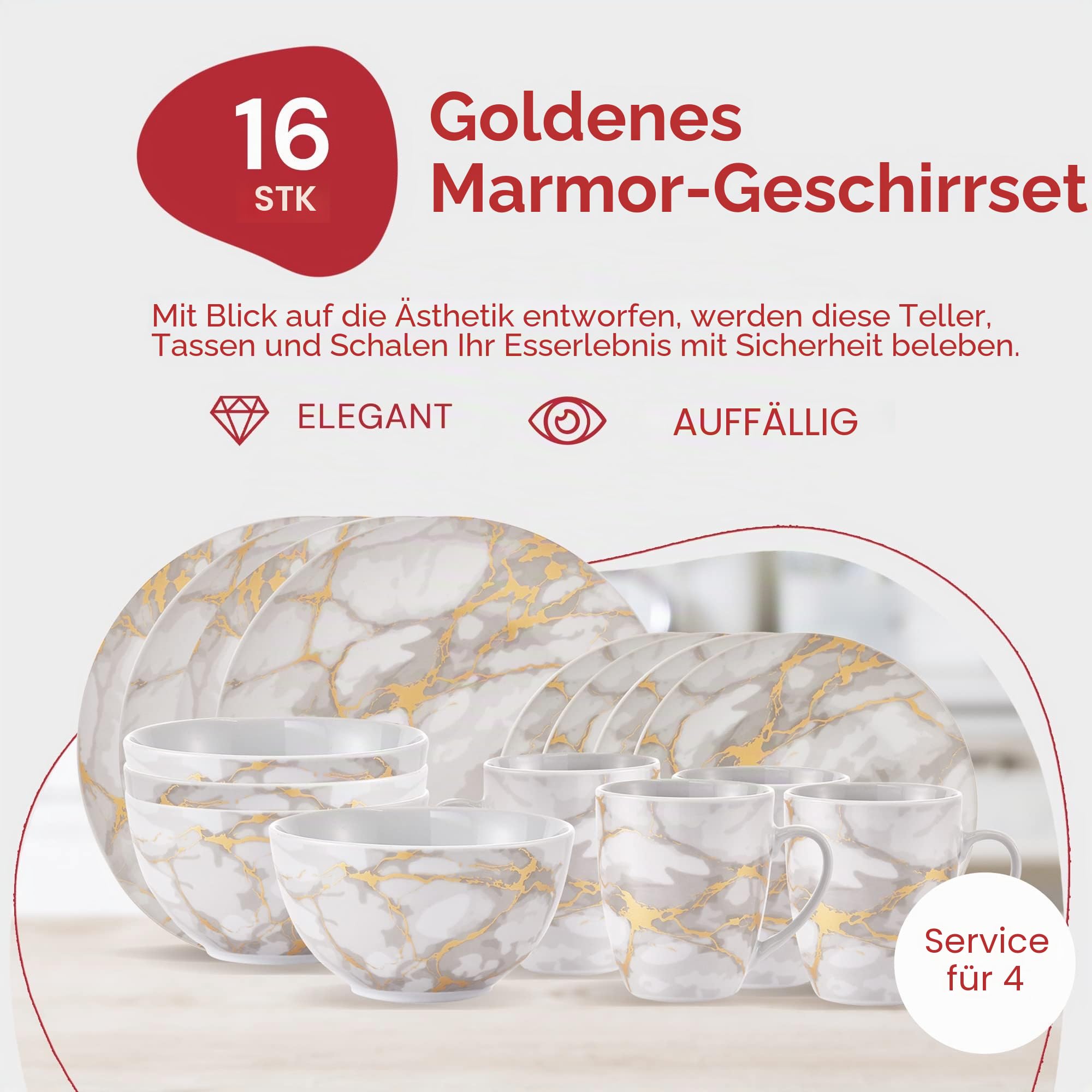 Safdie & Co. - Gold Marmor Teller und Schüsseln Sets, Moderne Küche 16-teiliges Geschirr-Sets, Innen- und Außenteller, mit Tassen, Spülmaschinenfest