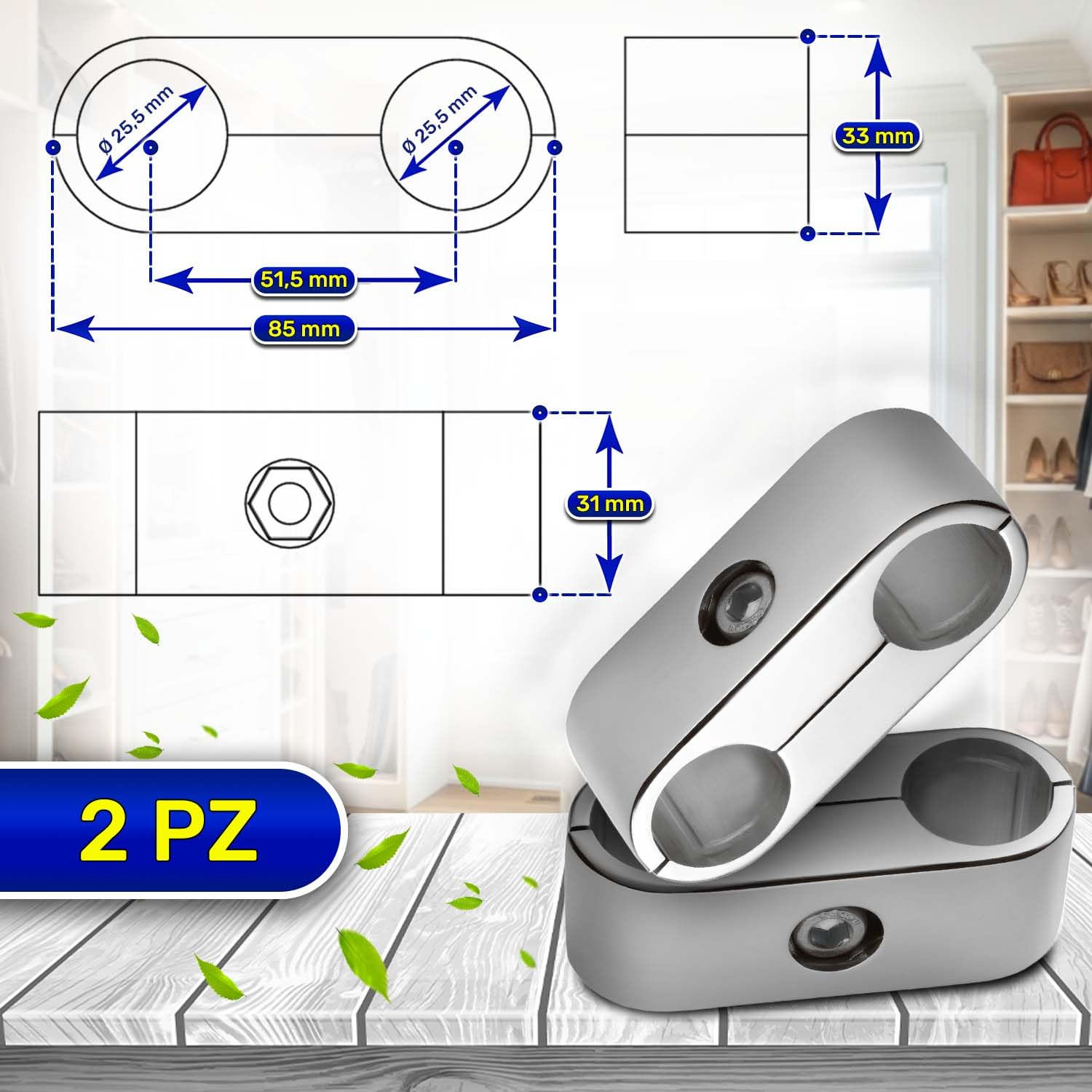 2 Pezzi Porta Tubo Parallelo con 2 Fori Ø 25,5 mm 85x31 mm è Cromato ed è Adatto per Struttura Cabina Armadio Componibile - Garanzia di 10 Anni - MONTERAL