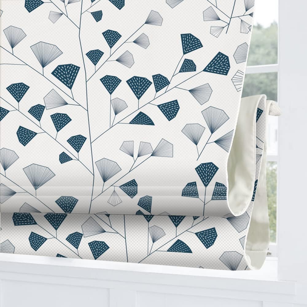 Artdix Roman Shades Blackout Window Shades - Grey Blue Leaf Fabric Light Filtering Custom Roman Shades Blinds for Windows, Doors, French Doors, Kitchen Windows (1 Piece)