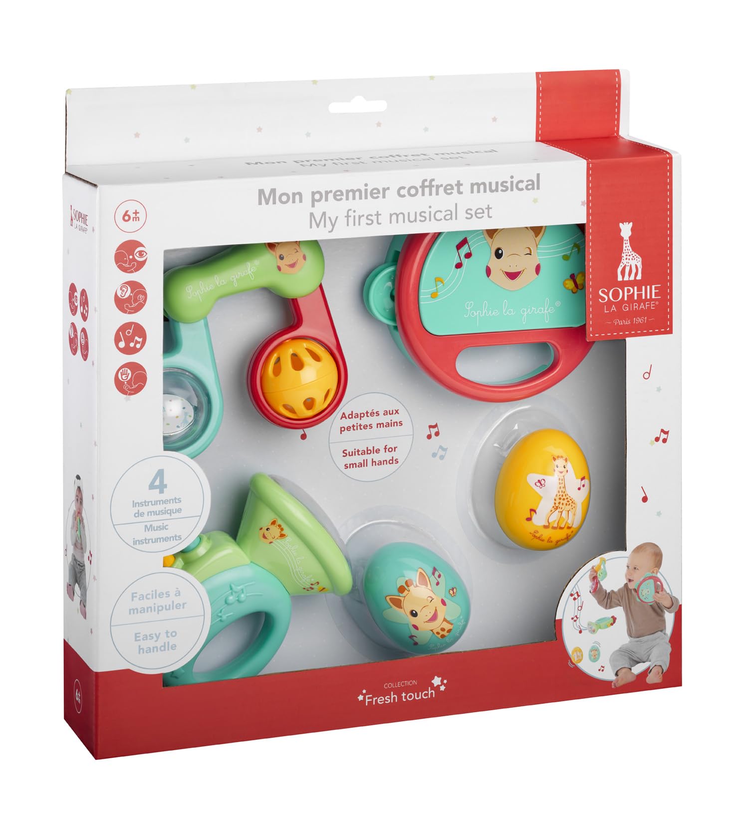 Sophie la Girafe - Mon Premier Coffret Musical – Jouet d’Éveil Sonore Bébé 6 Mois+ – 4 Instruments Faciles à Saisir – Tambourin, Maracas, Trompette et Hochet – Idée Cadeau Naissance – Fresh Touch