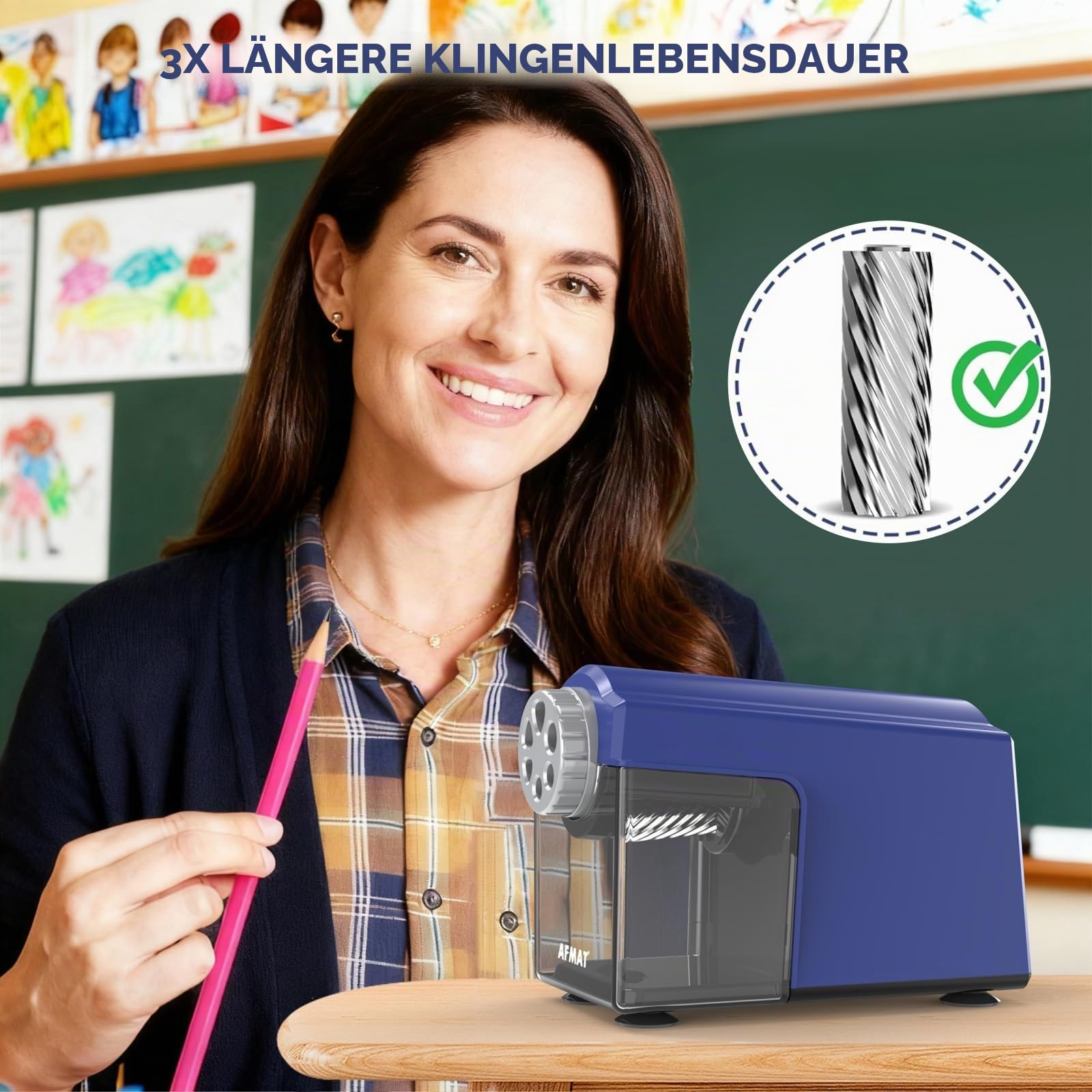 AFMAT Elektrischer Anspitzer mit Behälter, 6 Löcher Große Spitzer mit Dose für 6-11mm Dicke und Dünne Stifte, Wiederaufladbar Robust Autostopp Bleistiftspitzer für Büro Schule Künstler,Blau PSD4
