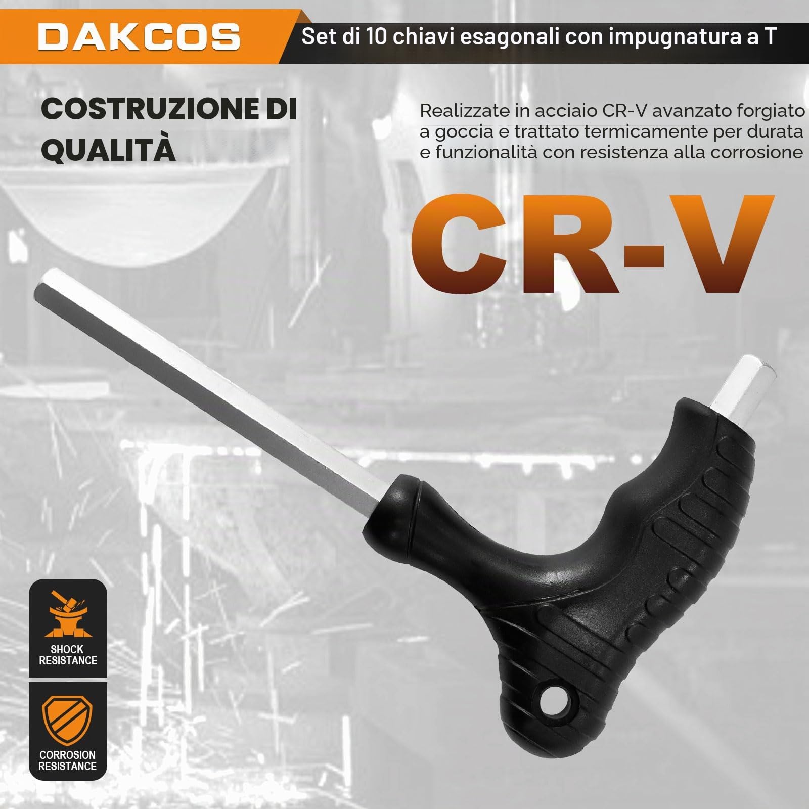 DAKCOS Set di 10 chiavi a brugola con impugnatura a T, con manico a T, metriche da 2 a 10 mm, con portapacchi, Cr-V
