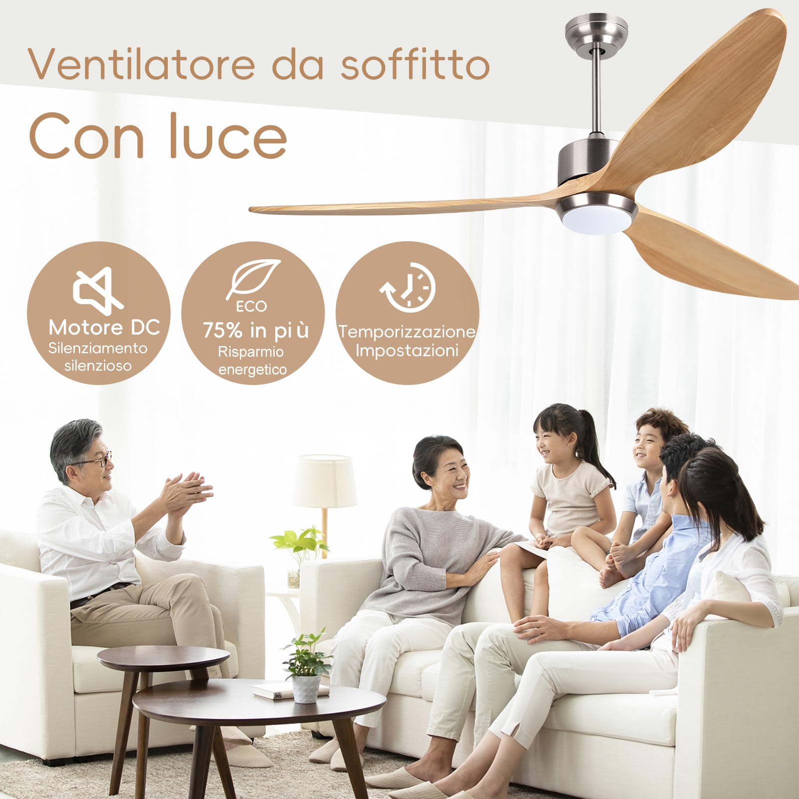 Ovlaim 165 CM di legno solido 3 elica a pale con ventilatore intelligente per soffitti leggero e remoto, 6 motore a corrente continua silenziosa velocità per salotto, camera da letto
