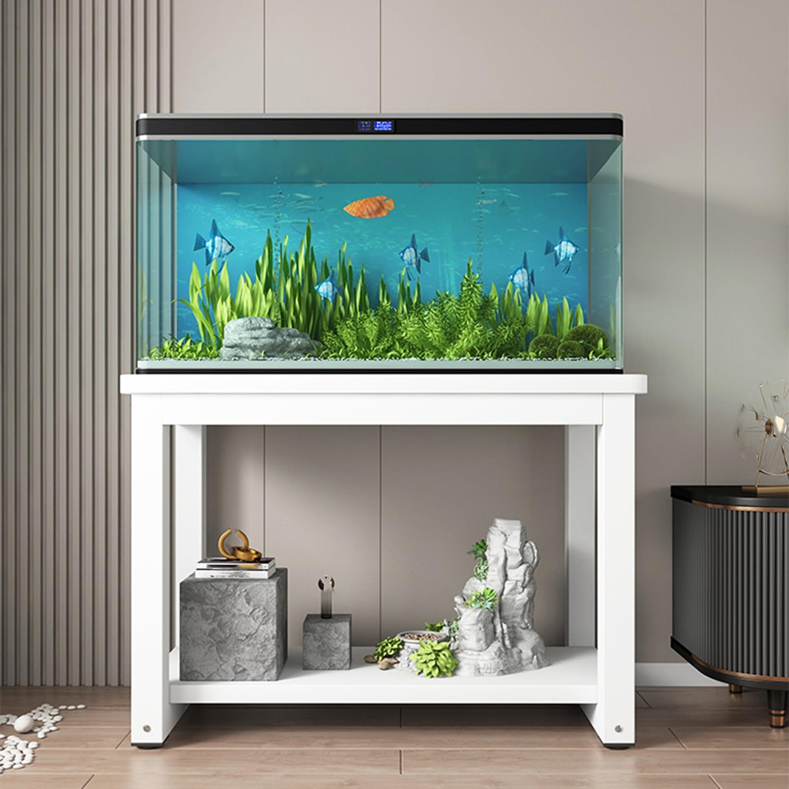 Wytrzymały stojak do akwarium, 2 poziomy, do salonu, biały stojak do terrarium, trwała stalowa rama i drewniany stół, 70 x 35 cm (27,5 x 13,75 cala), do domu i na zewnątrz