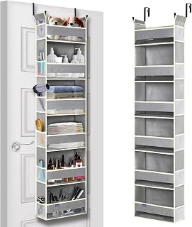 Over The Door Organizer 6-Shelves and 12 Side Pockets, Over The Door Storage for Bathroom Bedroom Nursery, Hanging Door Organizers for Baby Diapers and Kids Toys (13"x5"x54", Grey)
