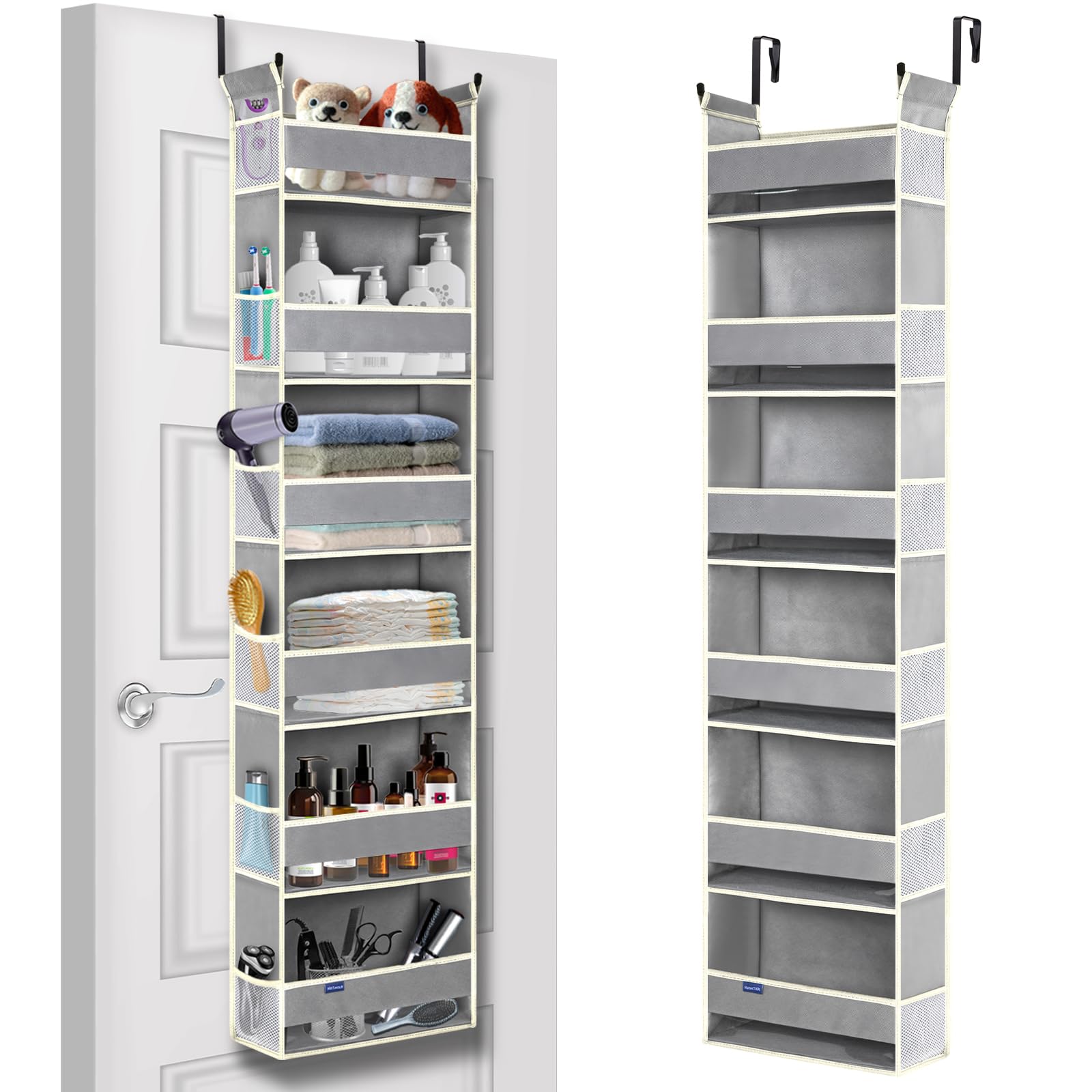roomtalk Over The Door Organizer 6-Shelves and 12 Side Pockets, Over The Door Storage for Bathroom Bedroom Nursery, Hanging Door Organizers for Baby Diapers and Kids Toys (13"x5"x54", Grey)