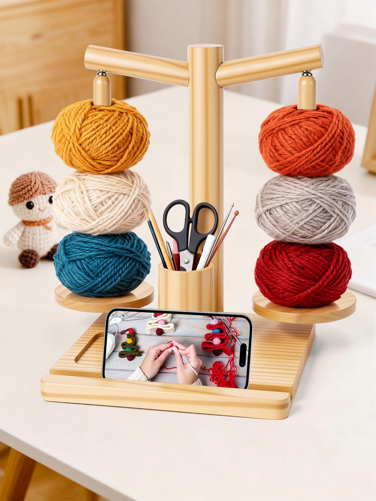 Homgaty Magnetic Yarn Holder - Wooden Yarn Ball Holder with Rotating Magnetic Rods for Knitting & Crocheting, Includes Phone Stand, Storage Compartments & Knitting Accessories (‎Natural Wood Colour)