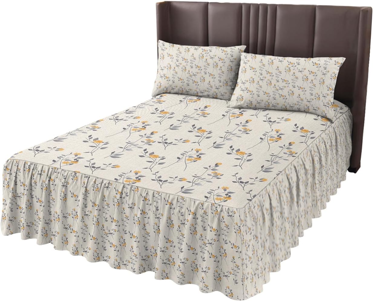 T&H XHome Twin XL Bed Skirts Ruffled 2 Piece Set with Pillow Shams, Floral Plants